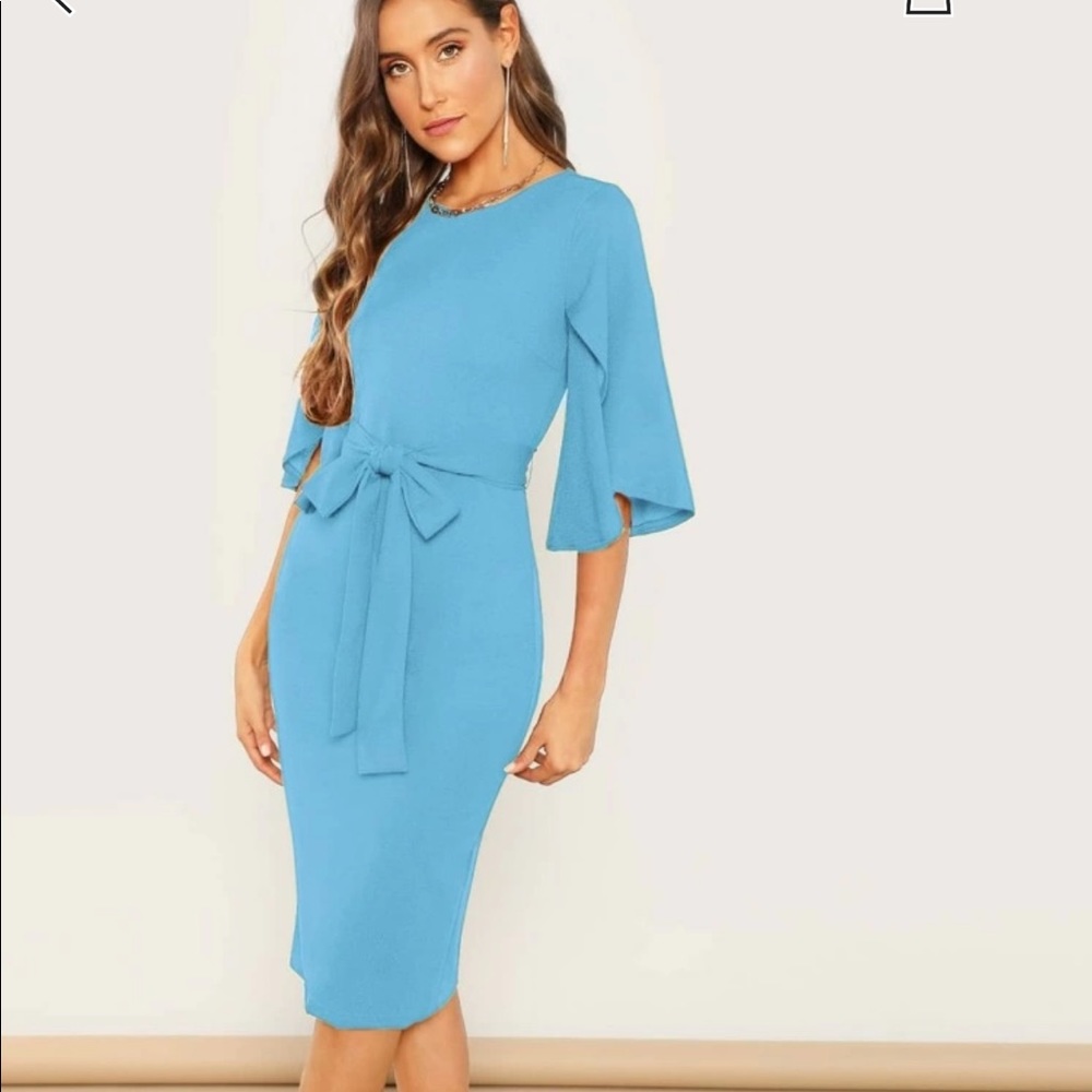 Light Blue Split-Sleeve Belted Pencil Dress